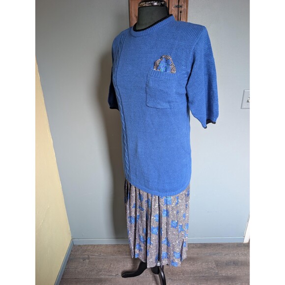 Vintage 80s Sweater Dress, Blue Two Piece Sweater and Dress - Picture 1 of 10